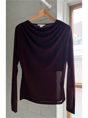 H&M Chocolate Brown Draped Cowl Neck Mesh Long Sleeve Top Size Medium